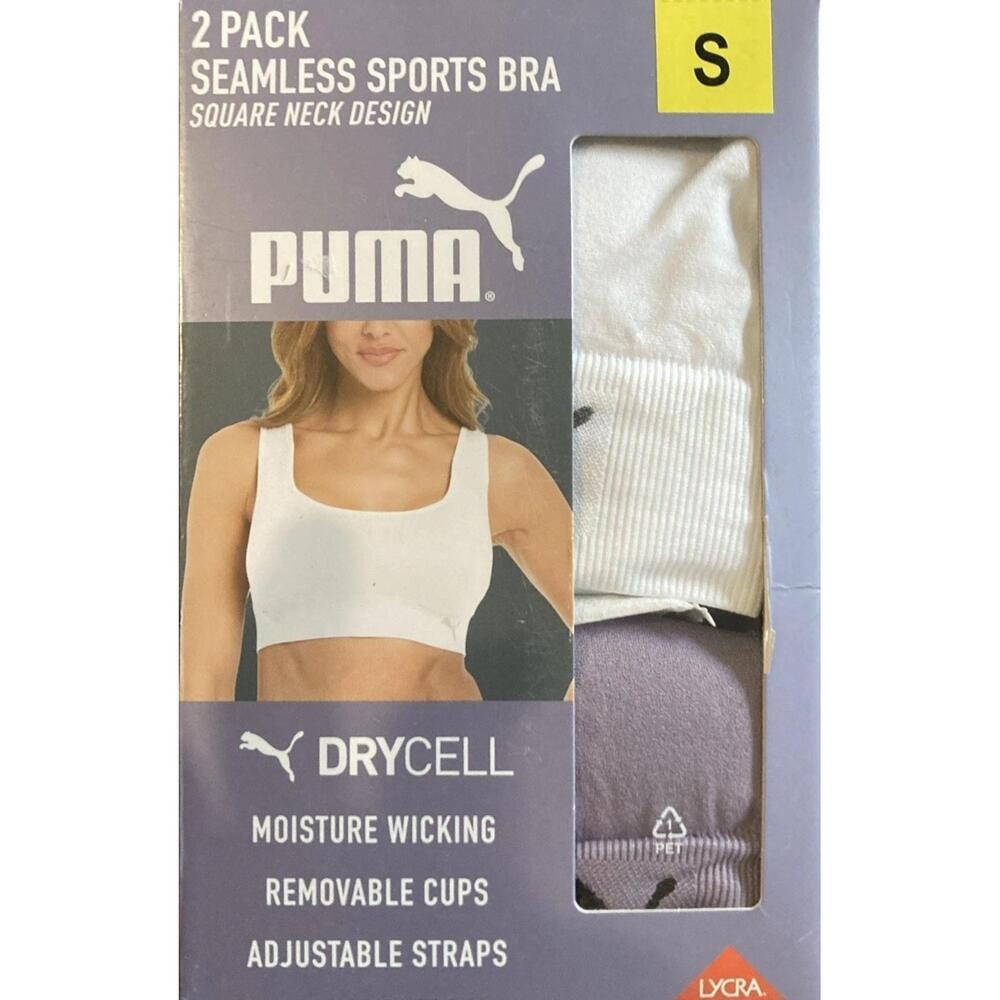 Puma 2-Pack Square Neck Seamless Sports Bra, White & Purple,size S. BT